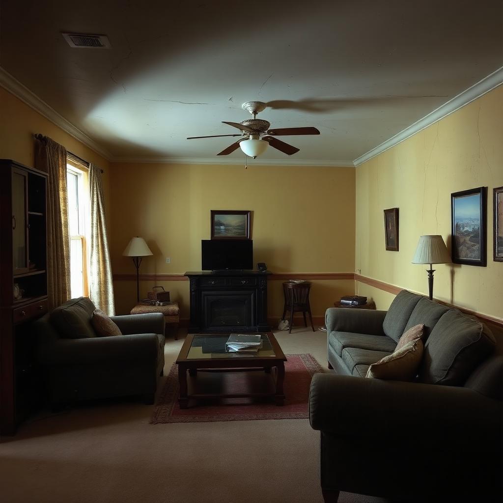 Outdated yellow living room before painting